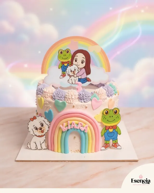 Torta de arcoíris con personajes